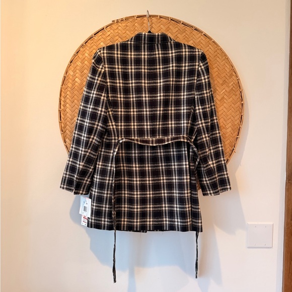 LE SUIT TRENCH-STYLE ELONGATED BELTED 90’S B&W PLAID JACKET SHOULDER PADS LINED - Picture 9 of 16